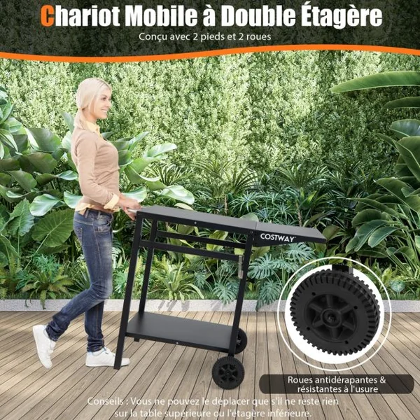 Chariot pour Plancha à Double Étagère avec Table Pliante Desserte de Jardin en Métal avec Crochets et Roues 96,5x64x75,5 CM