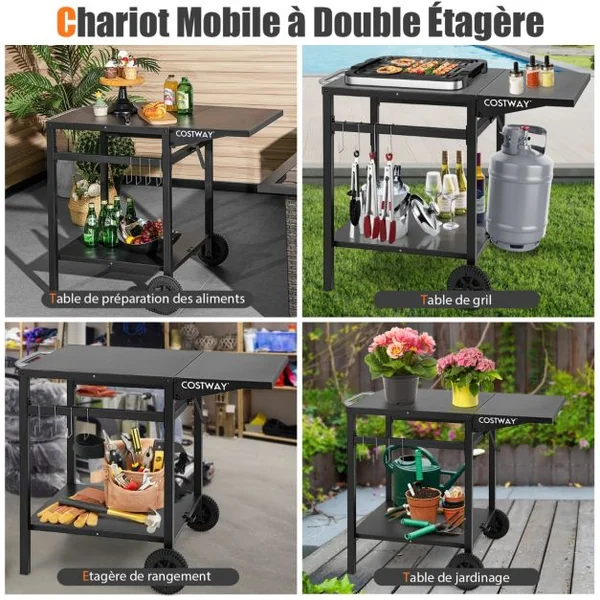 Chariot pour Plancha à Double Étagère avec Table Pliante Desserte de Jardin en Métal avec Crochets et Roues 96,5x64x75,5 CM