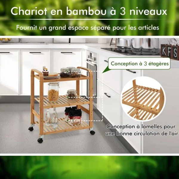 Chariot Roulant en Bambou à 3 Niveaux avec Roulettes Verrouillables Poignées Latérales Support de Rangement Multifonctionnel à 3 Niveaux