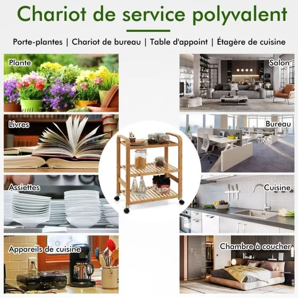 Chariot Roulant en Bambou à 3 Niveaux avec Roulettes Verrouillables Poignées Latérales Support de Rangement Multifonctionnel à 3 Niveaux