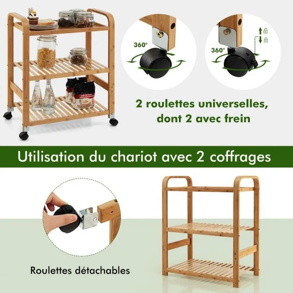 Chariot Roulant en Bambou à 3 Niveaux avec Roulettes Verrouillables Poignées Latérales Support de Rangement Multifonctionnel à 3 Niveaux