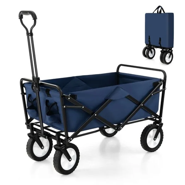 Chariot Roulant Pliable 82 L Chariot Robuste avec Poignée Réglable et Porte-boissons Chariot Utilitaire Extérieur Bleu Marine