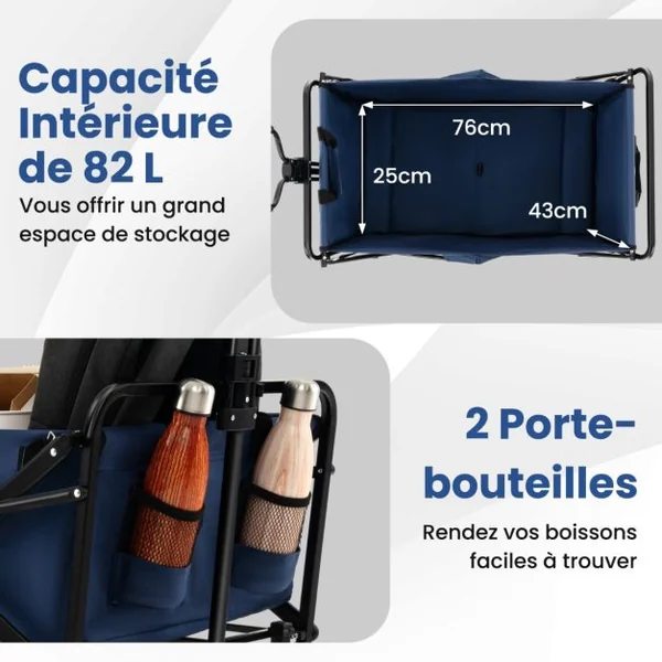 Chariot Roulant Pliable 82 L Chariot Robuste avec Poignée Réglable et Porte-boissons Chariot Utilitaire Extérieur Bleu Marine