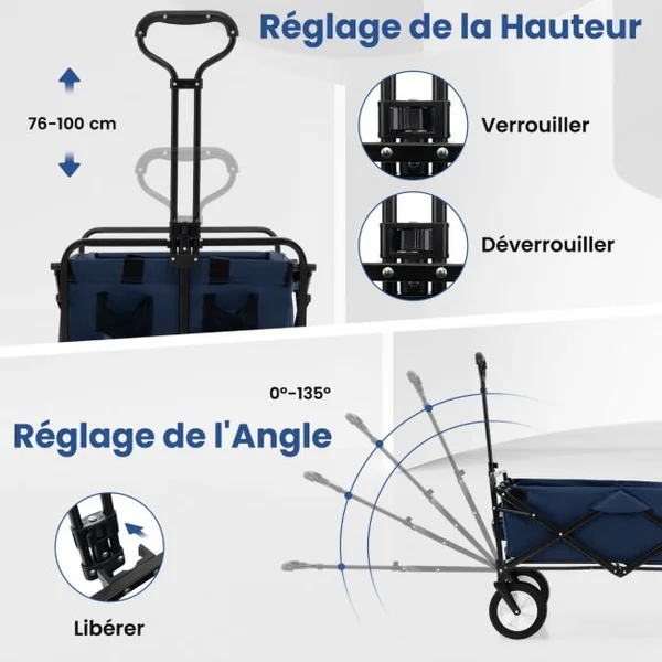 Chariot Roulant Pliable 82 L Chariot Robuste avec Poignée Réglable et Porte-boissons Chariot Utilitaire Extérieur Bleu Marine