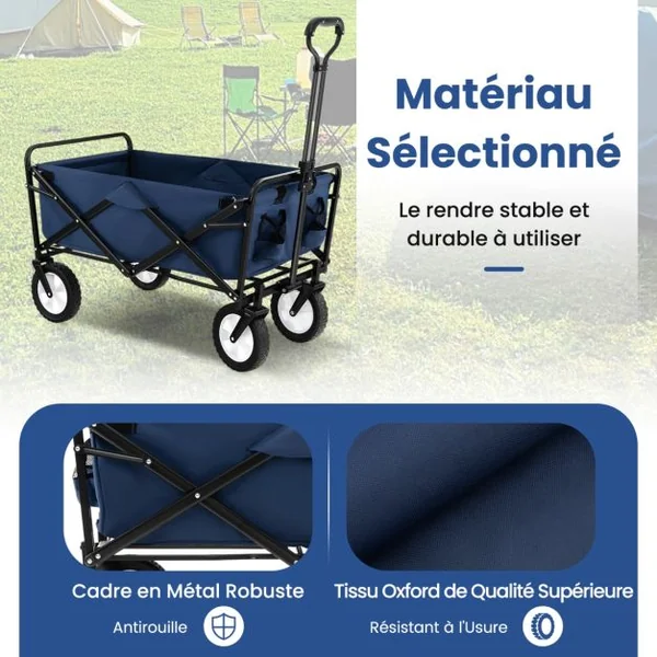 Chariot Roulant Pliable 82 L Chariot Robuste avec Poignée Réglable et Porte-boissons Chariot Utilitaire Extérieur Bleu Marine
