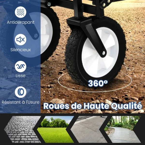 Chariot Roulant Pliable 82 L Chariot Robuste avec Poignée Réglable et Porte-boissons Chariot Utilitaire Extérieur Bleu Marine