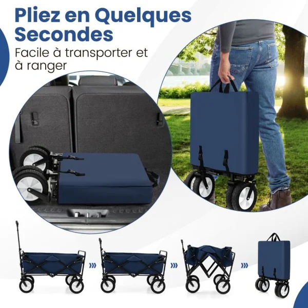 Chariot Roulant Pliable 82 L Chariot Robuste avec Poignée Réglable et Porte-boissons Chariot Utilitaire Extérieur Bleu Marine