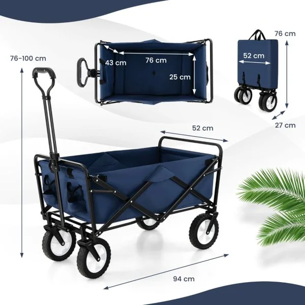 Chariot Roulant Pliable 82 L Chariot Robuste avec Poignée Réglable et Porte-boissons Chariot Utilitaire Extérieur Bleu Marine