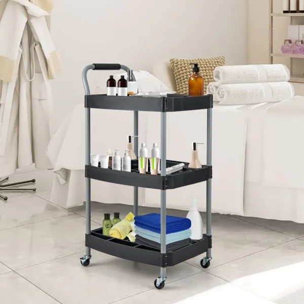 Chariot Servante d'Atelier à 3 Niveaux avec Roues Universelles Chariot à Outils Roulant Séparateur Multiple Charge 45KG 59 x 45 x 107 cm Noir