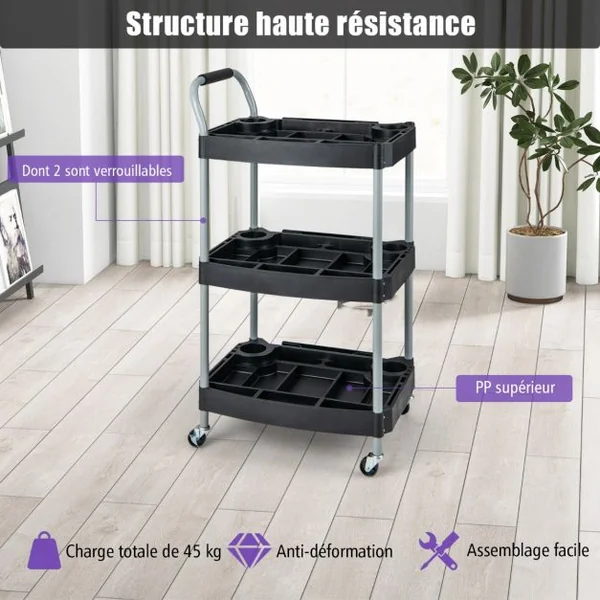 Chariot Servante d'Atelier à 3 Niveaux avec Roues Universelles Chariot à Outils Roulant Séparateur Multiple Charge 45KG 59 x 45 x 107 cm Noir