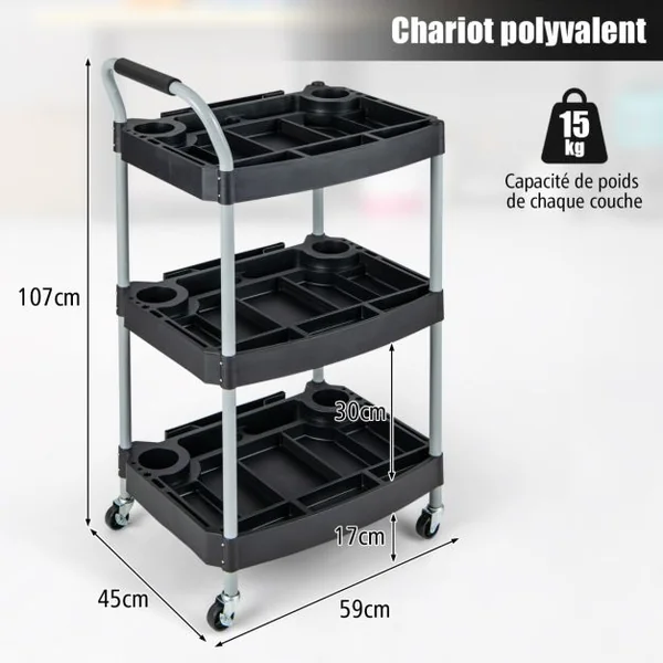 Chariot Servante d'Atelier à 3 Niveaux avec Roues Universelles Chariot à Outils Roulant Séparateur Multiple Charge 45KG 59 x 45 x 107 cm Noir