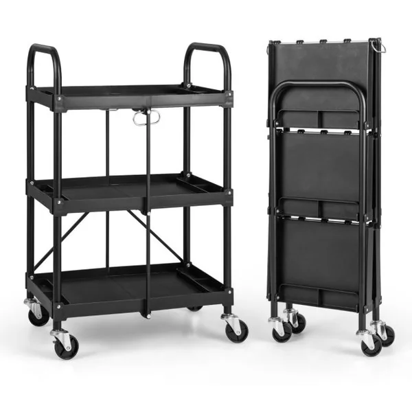 Chariot à Outils Pliant à 3 Niveaux avec Roues Universelles 4 Rainures et Mains Courantes Servante d’Atelier Charge 45 kg