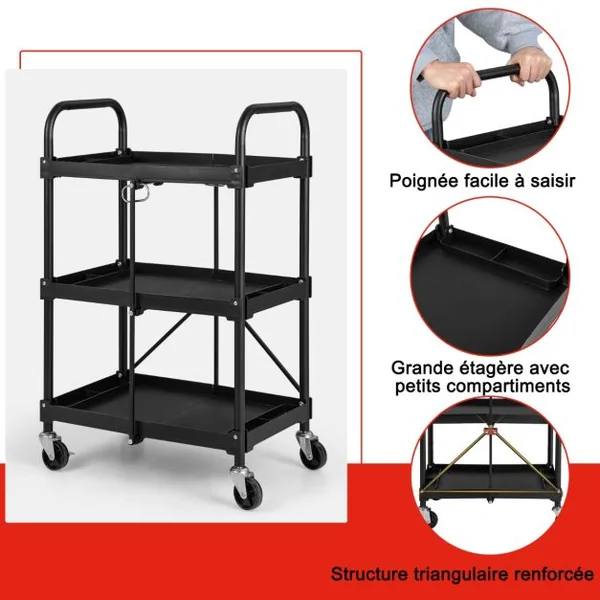 Chariot à Outils Pliant à 3 Niveaux avec Roues Universelles 4 Rainures et Mains Courantes Servante d’Atelier Charge 45 kg