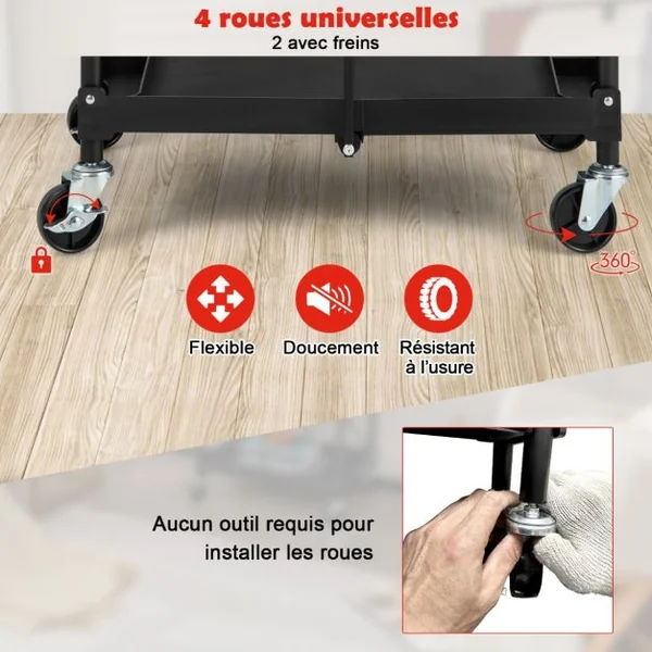 Chariot à Outils Pliant à 3 Niveaux avec Roues Universelles 4 Rainures et Mains Courantes Servante d’Atelier Charge 45 kg