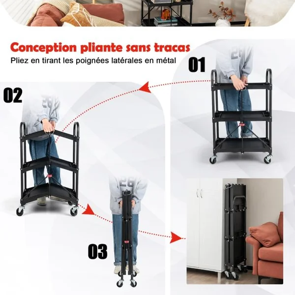 Chariot à Outils Pliant à 3 Niveaux avec Roues Universelles 4 Rainures et Mains Courantes Servante d’Atelier Charge 45 kg
