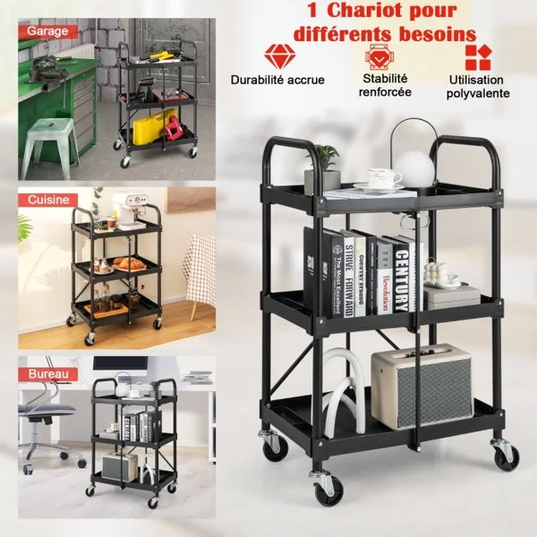 Chariot à Outils Pliant à 3 Niveaux avec Roues Universelles 4 Rainures et Mains Courantes Servante d’Atelier Charge 45 kg