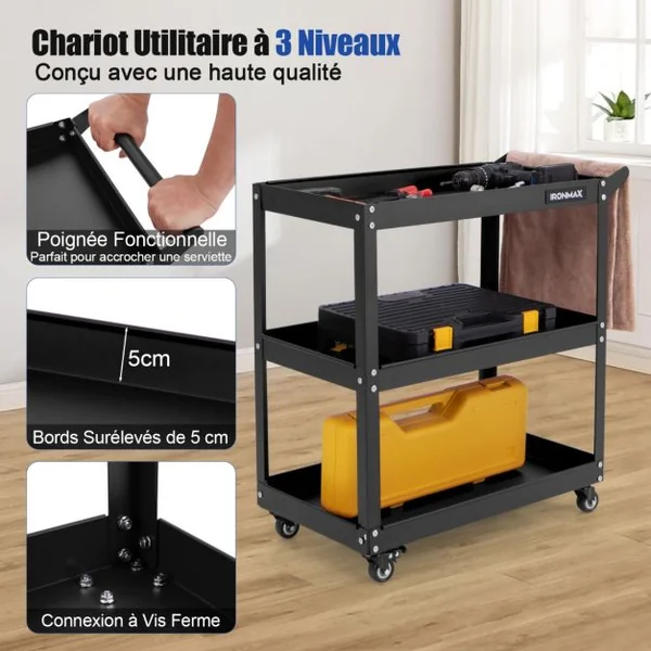 Chariot à Outils à 3 Niveaux Roulant en Métal Roues Universelles avec 2 Freins Noir/Rouge