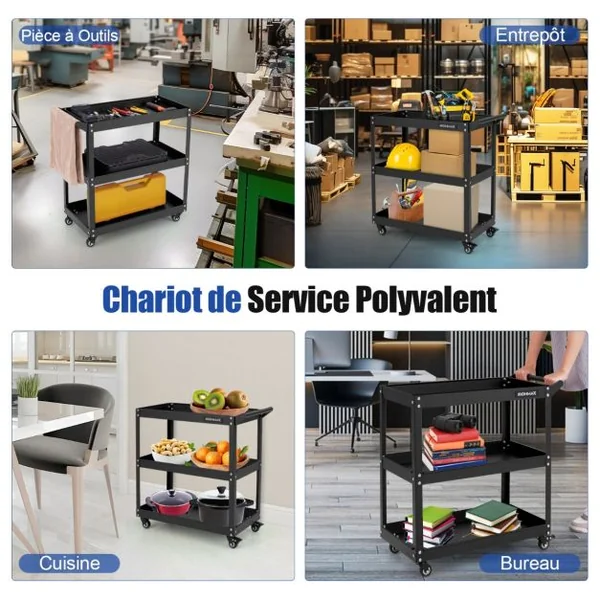 Chariot à Outils à 3 Niveaux Roulant en Métal Roues Universelles avec 2 Freins Noir/Rouge