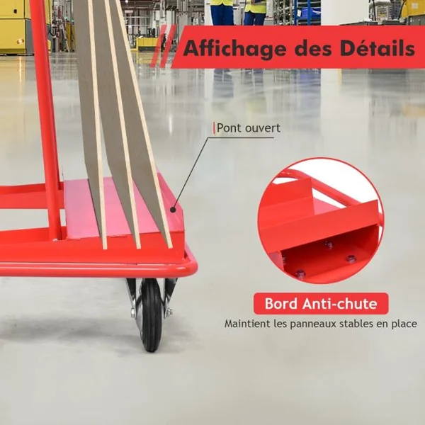 Chariot à Panneaux Robuste Charge 350KG Chariot pour Planches Tôle de Fer Peint avec Rail Ouvert de 96 x 24 cm et Poignée Transport de Cloisons