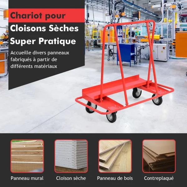 Chariot à Panneaux Robuste Charge 350KG Chariot pour Planches Tôle de Fer Peint avec Rail Ouvert de 96 x 24 cm et Poignée Transport de Cloisons