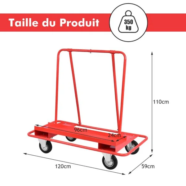 Chariot à Panneaux Robuste Charge 350KG Chariot pour Planches Tôle de Fer Peint avec Rail Ouvert de 96 x 24 cm et Poignée Transport de Cloisons