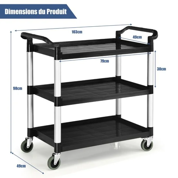 Chariot à Roulettes 3 Étagères 150 kg Chariot de Service Multifonctionnel avec Poignées adaptées 103 x 49 x 98 cm Noir