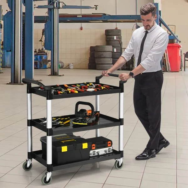 Chariot à Roulettes 3 Étagères 150 kg Chariot de Service Multifonctionnel avec Poignées adaptées 103 x 49 x 98 cm Noir