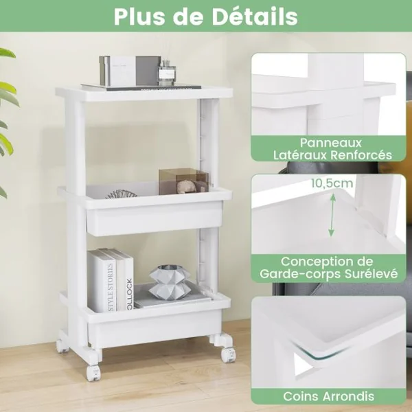 Chariot à Roulettes à 3 Niveaux avec Étagère Chariot de Service en Plastique avec Roues Verrouillables Blanc