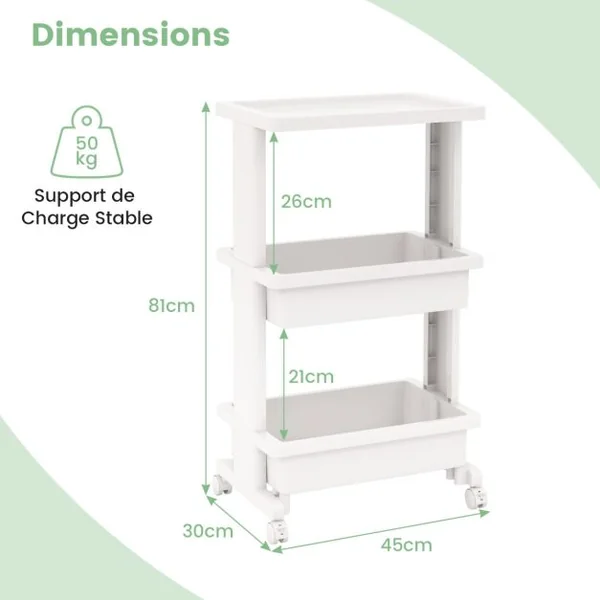 Chariot à Roulettes à 3 Niveaux avec Étagère Chariot de Service en Plastique avec Roues Verrouillables Blanc