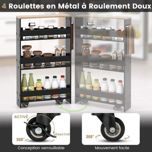 Chariot Étroit de Rangement à 4 Niveaux avec Poignée Latérale Tour de Rangement Sur Roulettes Étagère Mobile Chariot à Étagères Étroites 6 Couleurs au Choix