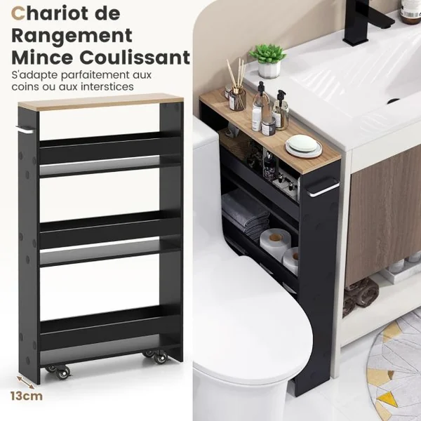 Chariot Étroit de Rangement à 4 Niveaux avec Poignée Latérale Tour de Rangement Sur Roulettes Étagère Mobile Chariot à Étagères Étroites 6 Couleurs au Choix