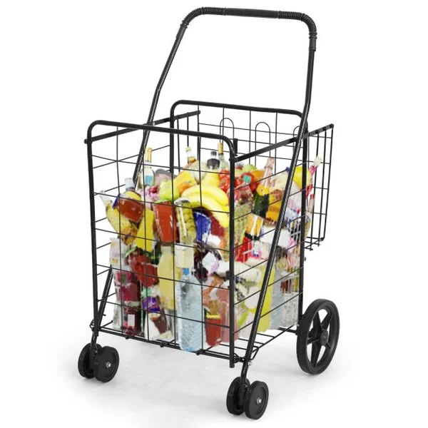 Chariots de Courses Pliable à 4 Roues en Métal Pivotantes à 360° 2 Panier pour le Linge les Courses Capacité de 40KG Noir
