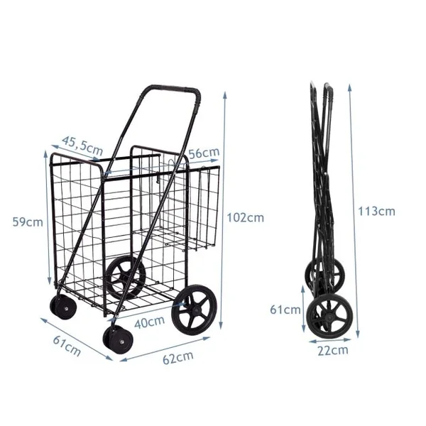 Chariots de Courses Pliable à 4 Roues en Métal Pivotantes à 360° 2 Panier pour le Linge les Courses Capacité de 40KG Noir