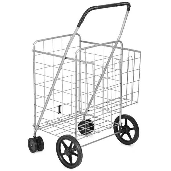 Chariots de Courses Pliableà 4 Roues en Métal Pivotantes à 360° 2 Panier pour le Linge les Courses Capacité de 40KG Argent