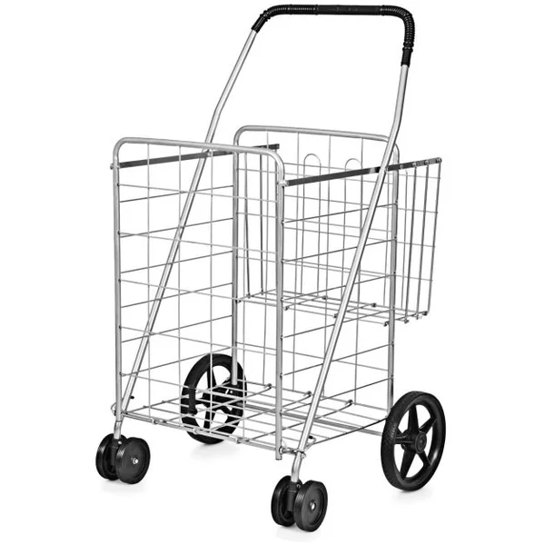 Chariots de Courses Pliableà 4 Roues en Métal Pivotantes à 360° 2 Panier pour le Linge les Courses Capacité de 40KG Argent