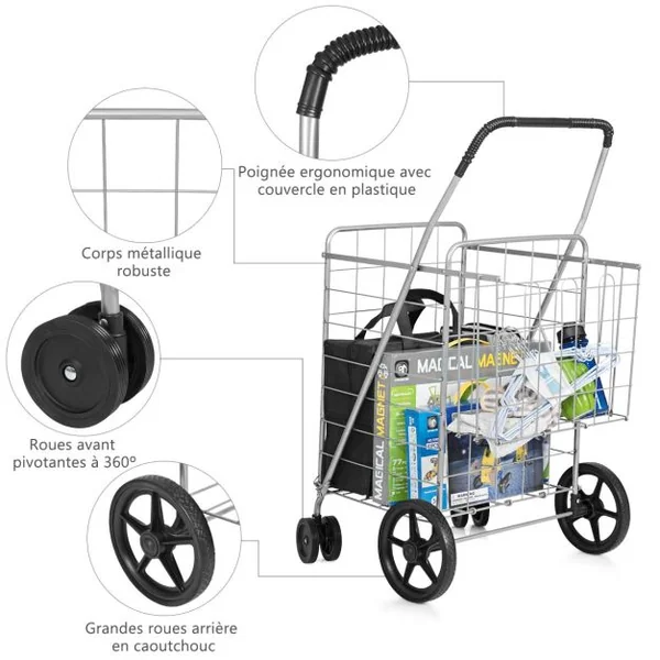 Chariots de Courses Pliableà 4 Roues en Métal Pivotantes à 360° 2 Panier pour le Linge les Courses Capacité de 40KG Argent