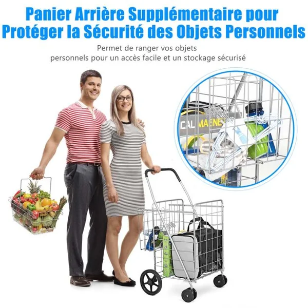 Chariots de Courses Pliableà 4 Roues en Métal Pivotantes à 360° 2 Panier pour le Linge les Courses Capacité de 40KG Argent