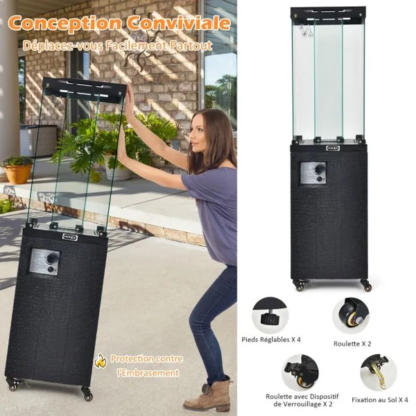 Chauffage Extérieur à Gaz Propane 12 kW Protection Anti Extinction Acier Noir pour Camping Barbecue