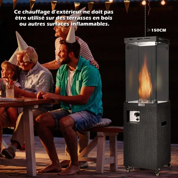 Chauffage Extérieur à Gaz Propane 12 kW Protection Anti Extinction Acier Noir pour Camping Barbecue