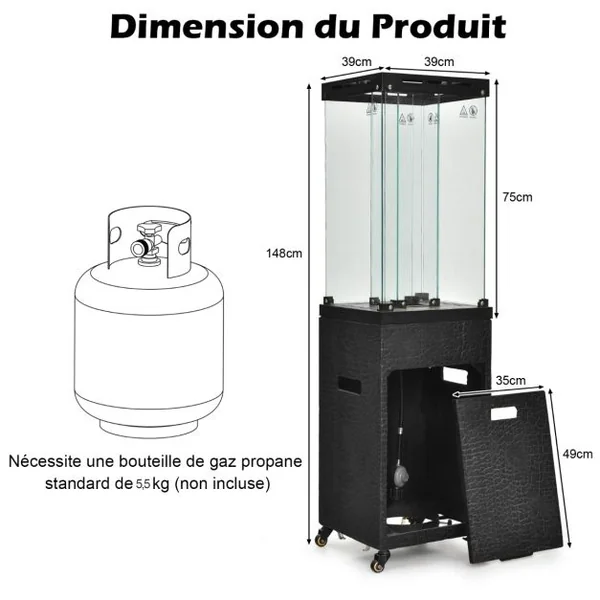 Chauffage Extérieur à Gaz Propane 12 kW Protection Anti Extinction Acier Noir pour Camping Barbecue