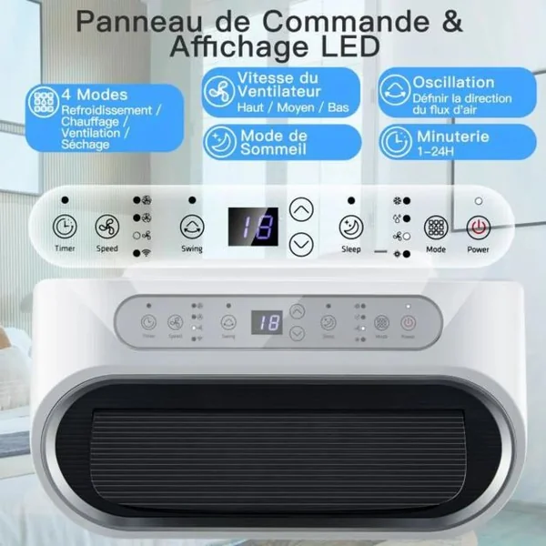 Chauffage Mobile 5 en 1 12000BTU Contrôlé sur APP Intelligente Chauffage 35㎡ Rafraîchissement Minuterie 24H Affichage LED