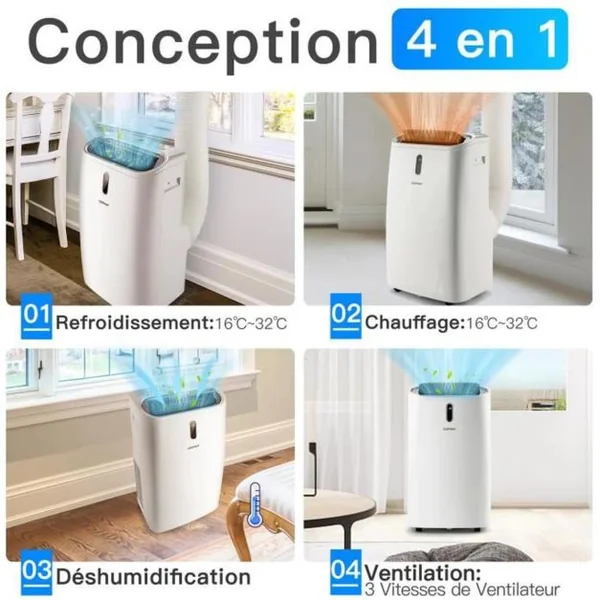 Chauffage Mobile 5 en 1 12000BTU Contrôlé sur APP Intelligente Chauffage 35㎡ Rafraîchissement Minuterie 24H Affichage LED