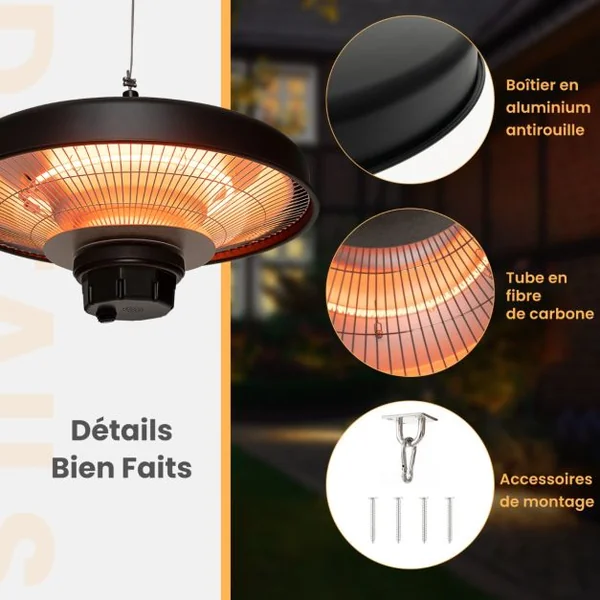 Chauffage Électrique Suspendu à Infrarouge 2000 W Chauffage Radiant de Plafond Extérieur Étanche pour Porche Terrasse Tonnelle Noir