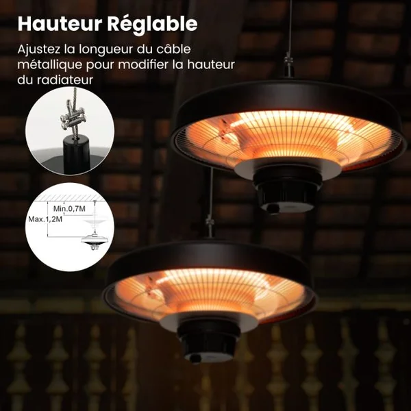 Chauffage Électrique Suspendu à Infrarouge 2000 W Chauffage Radiant de Plafond Extérieur Étanche pour Porche Terrasse Tonnelle Noir