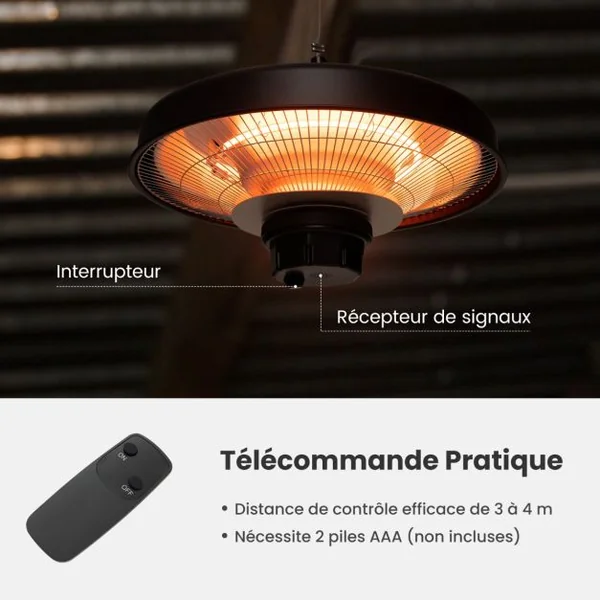 Chauffage Électrique Suspendu à Infrarouge 2000 W Chauffage Radiant de Plafond Extérieur Étanche pour Porche Terrasse Tonnelle Noir