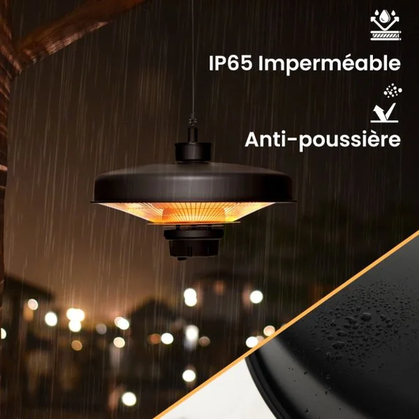 Chauffage Électrique Suspendu à Infrarouge 2000 W Chauffage Radiant de Plafond Extérieur Étanche pour Porche Terrasse Tonnelle Noir