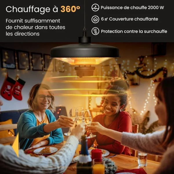 Chauffage Électrique Suspendu à Infrarouge 2000 W Chauffage Radiant de Plafond Extérieur Étanche pour Porche Terrasse Tonnelle Noir