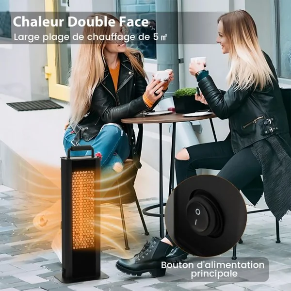 Chauffage Électrique à Infrarouge 1200W Portable avec Double Face Radiateur Étanche en Aluminium Protection Contre pour Jardin Balcon Noir