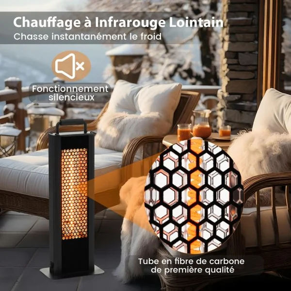 Chauffage Électrique à Infrarouge 1200W Portable avec Double Face Radiateur Étanche en Aluminium Protection Contre pour Jardin Balcon Noir