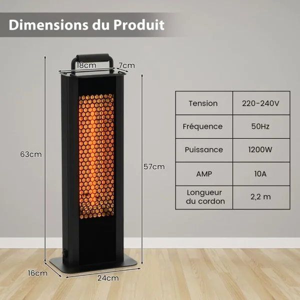 Chauffage Électrique à Infrarouge 1200W Portable avec Double Face Radiateur Étanche en Aluminium Protection Contre pour Jardin Balcon Noir